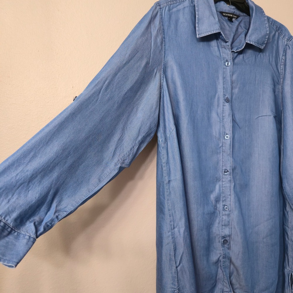 Zac & Rachel Woman Blue Chambray Handkerchief Hem Button Down Tunic Top 1X - Picture 4 of 8